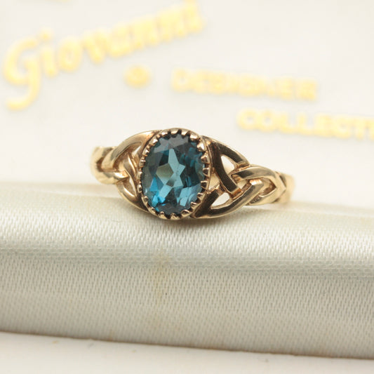 Late Vintage 9ct Gold and Blue Topaz Celtic Ring