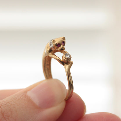 Vintage 9ct Gold Cat and Water Bowl Ring, 2001