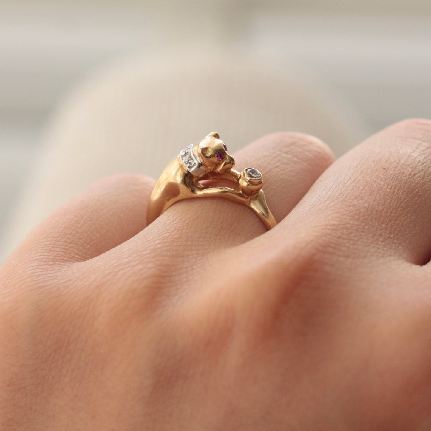 Vintage 9ct Gold Cat and Water Bowl Ring, 2001