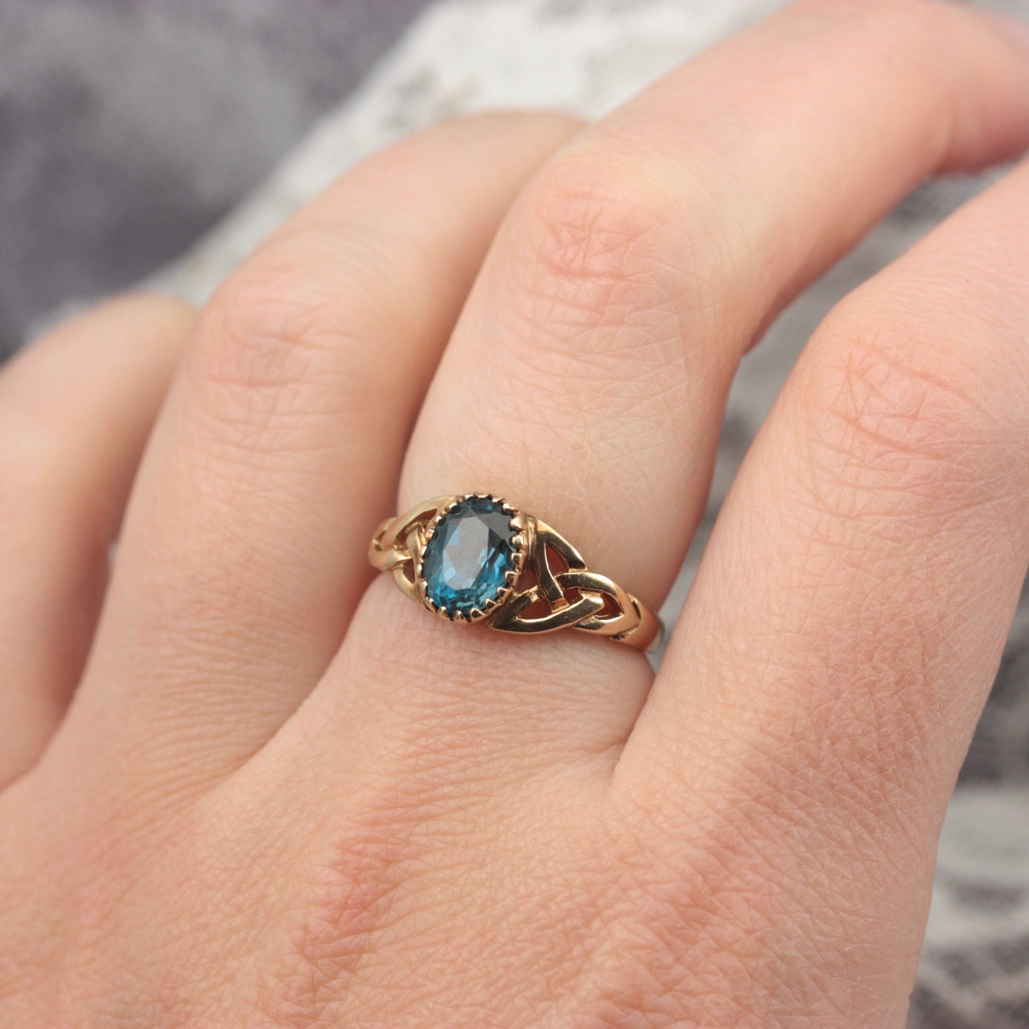 Late Vintage 9ct Gold and Blue Topaz Celtic Ring