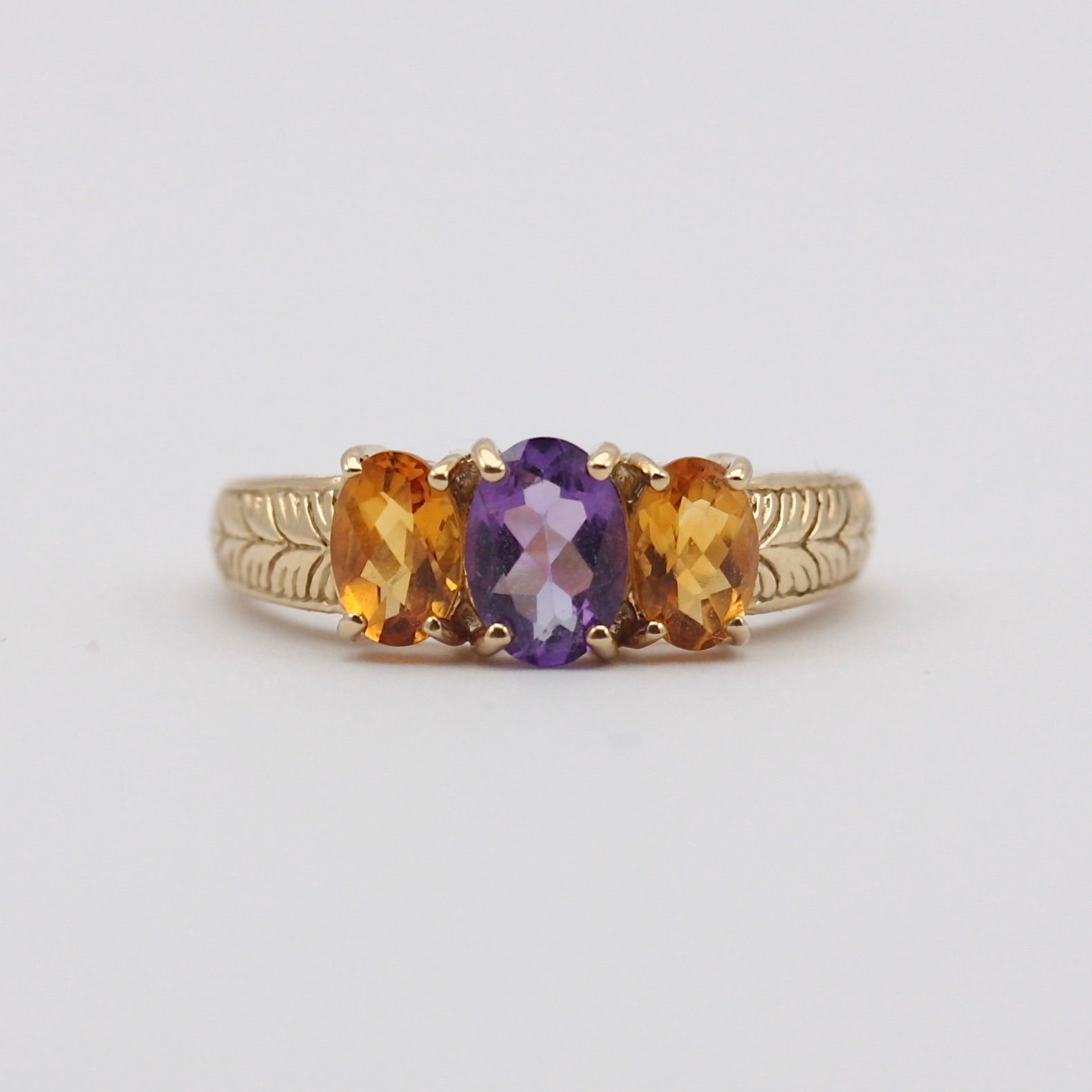 Pre-owned 9ct Gold Amethyst & Citrine Three Stone Ring