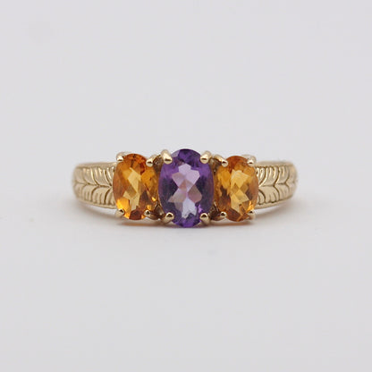 Pre-owned 9ct Gold Amethyst & Citrine Three Stone Ring