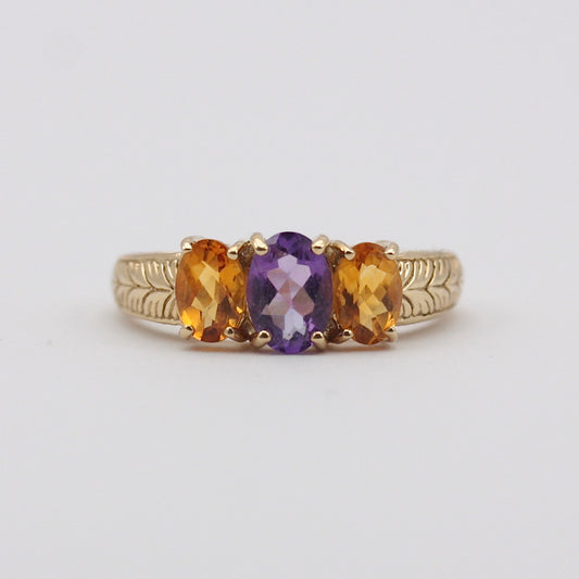 Pre-owned 9ct Gold Amethyst & Citrine Three Stone Ring
