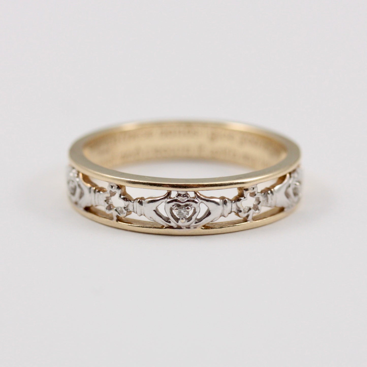 Pre-owned 9ct Two Tone Claddagh Band with Diamonds and Inscription