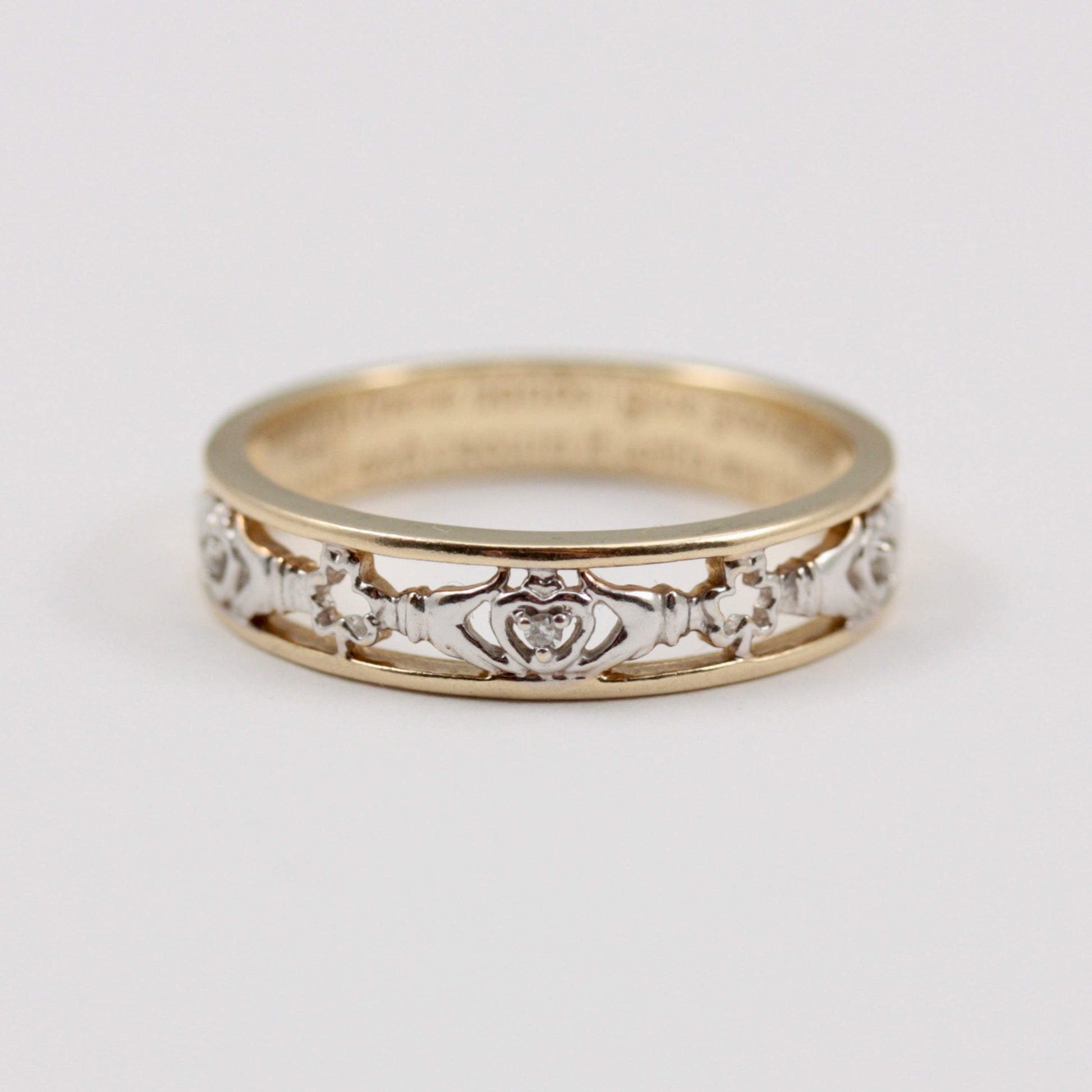 Pre-owned 9ct Two Tone Claddagh Band with Diamonds and Inscription