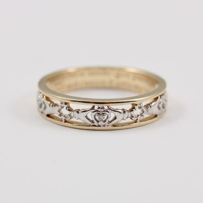 Pre-owned 9ct Two Tone Claddagh Band with Diamonds and Inscription
