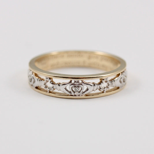 Pre-owned 9ct Two Tone Claddagh Band with Diamonds and Inscription