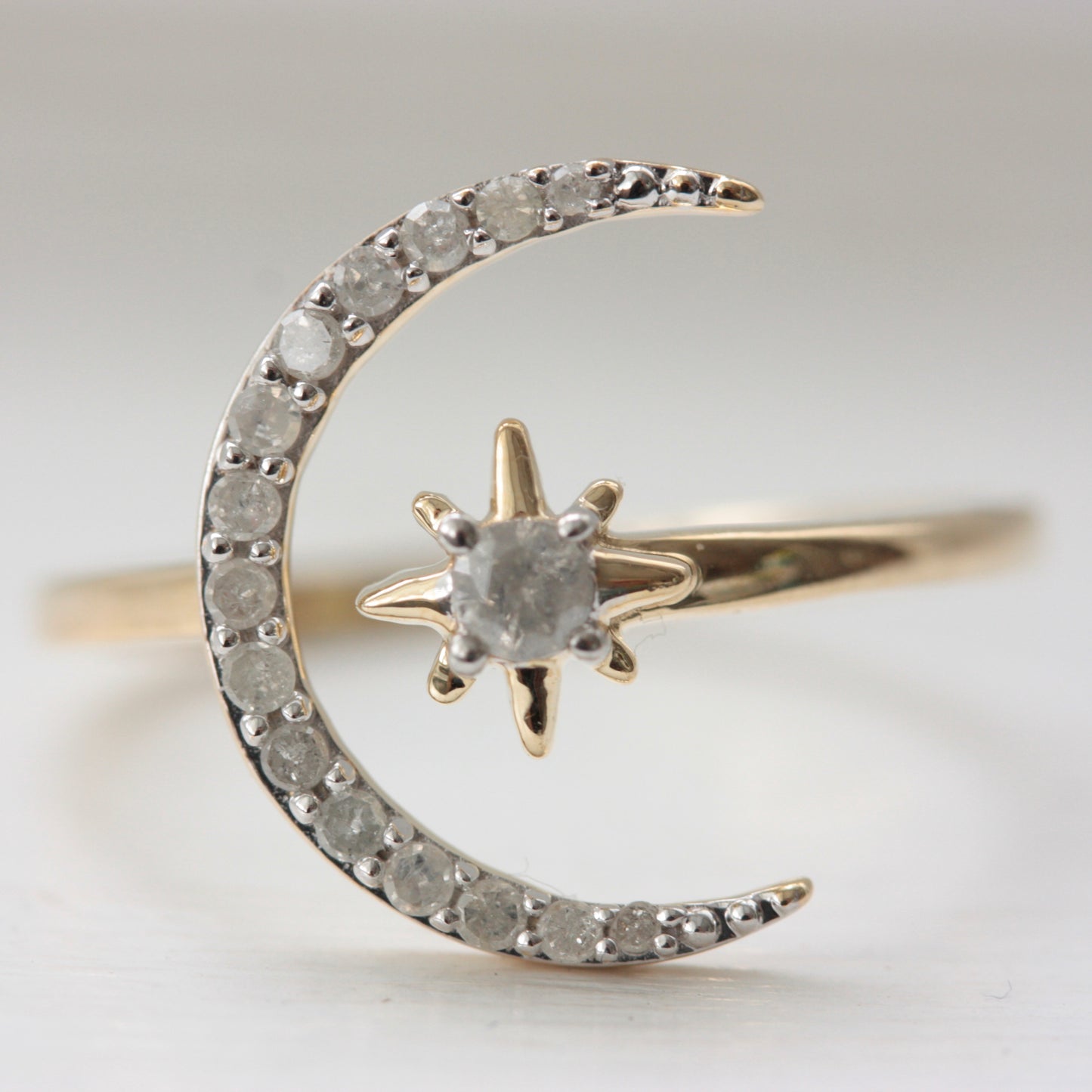 Pre-owned 9ct Gold Cloudy Diamond Moon and Star Ring