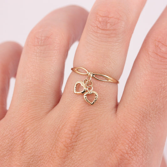 Dainty Vintage 9ct Gold Double Heart Dangle Ring