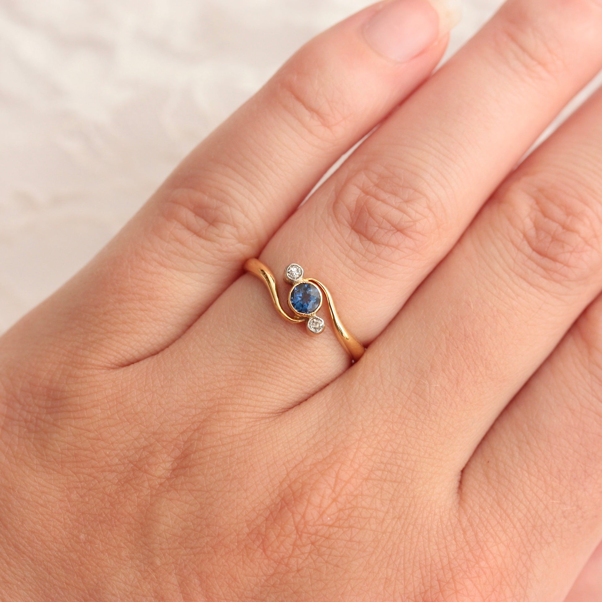 Art Deco Sapphire and Diamond Three Stone Crossover Ring  