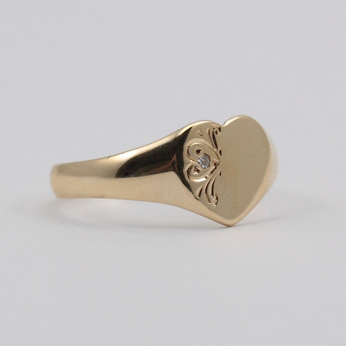 Vintage 9ct Gold Heart Signet Ring with Diamond, 1990