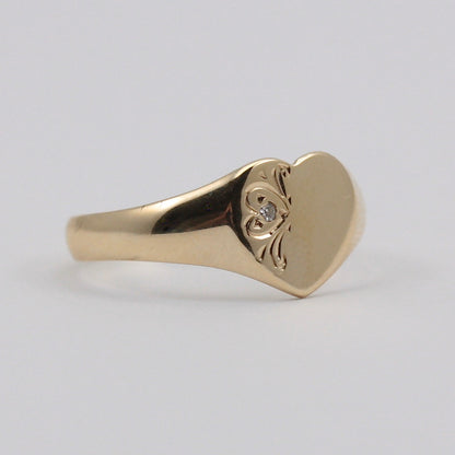 Vintage 9ct Gold Heart Signet Ring with Diamond, 1990