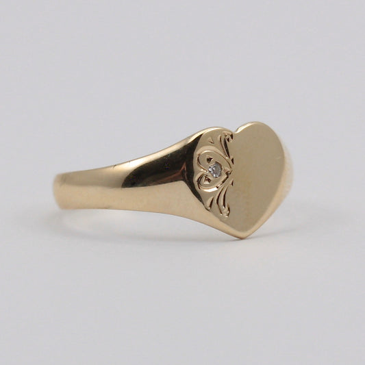 Vintage 9ct Gold Heart Signet Ring with Diamond, 1990