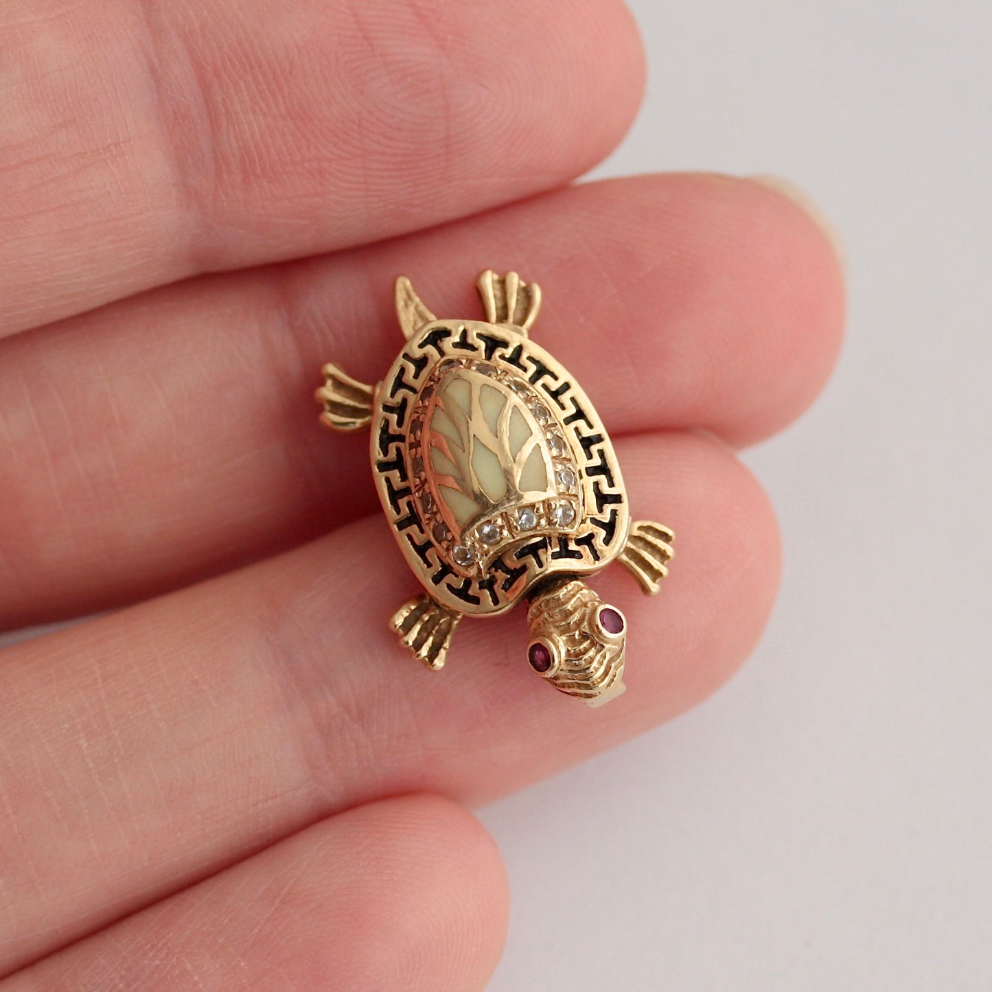 Vintage Articulated Turtle Pendant with Enamel Shell and Ruby Eyes