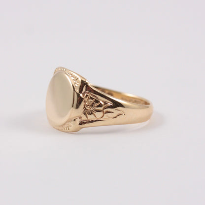 Vintage 9ct Gold Round Blank Signet Ring with Floral Shoulders, 1947