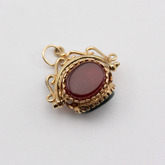 Vintage 9ct Gold Three Sided Fob Spinner Pendant - Carnelian, Onyx, Bloodstone