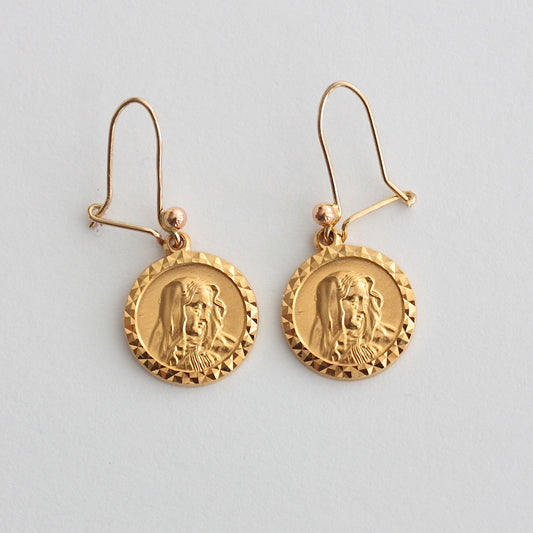Vintage 9ct Gold Virgin Mary Coin Style Earrings, Georg Jensen Ltd