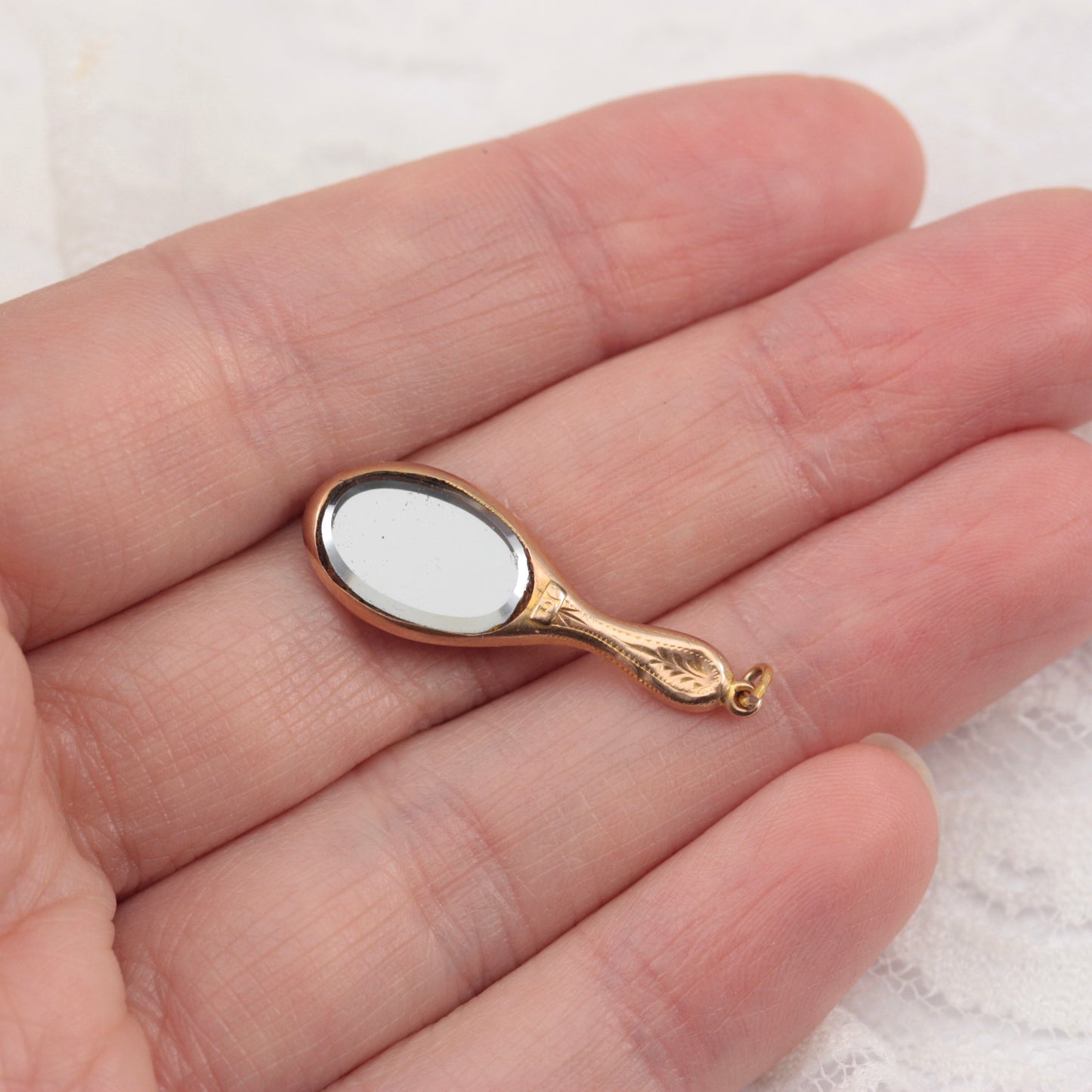 Vintage 9ct Gold Engraved Hand Mirror with Bevelled Glass