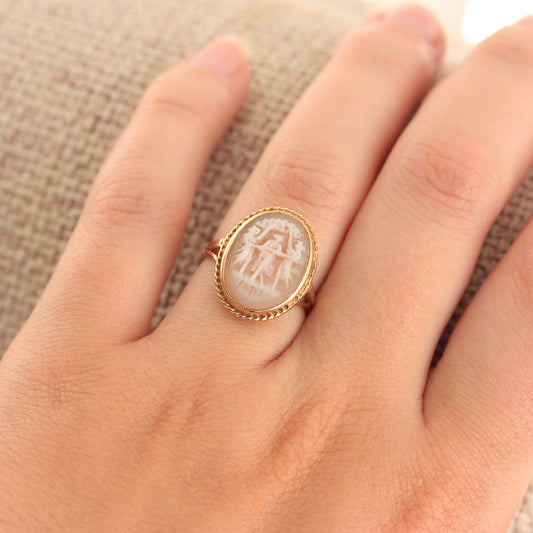 Vintage 9ct Gold Three Graces Cameo Ring, 1974