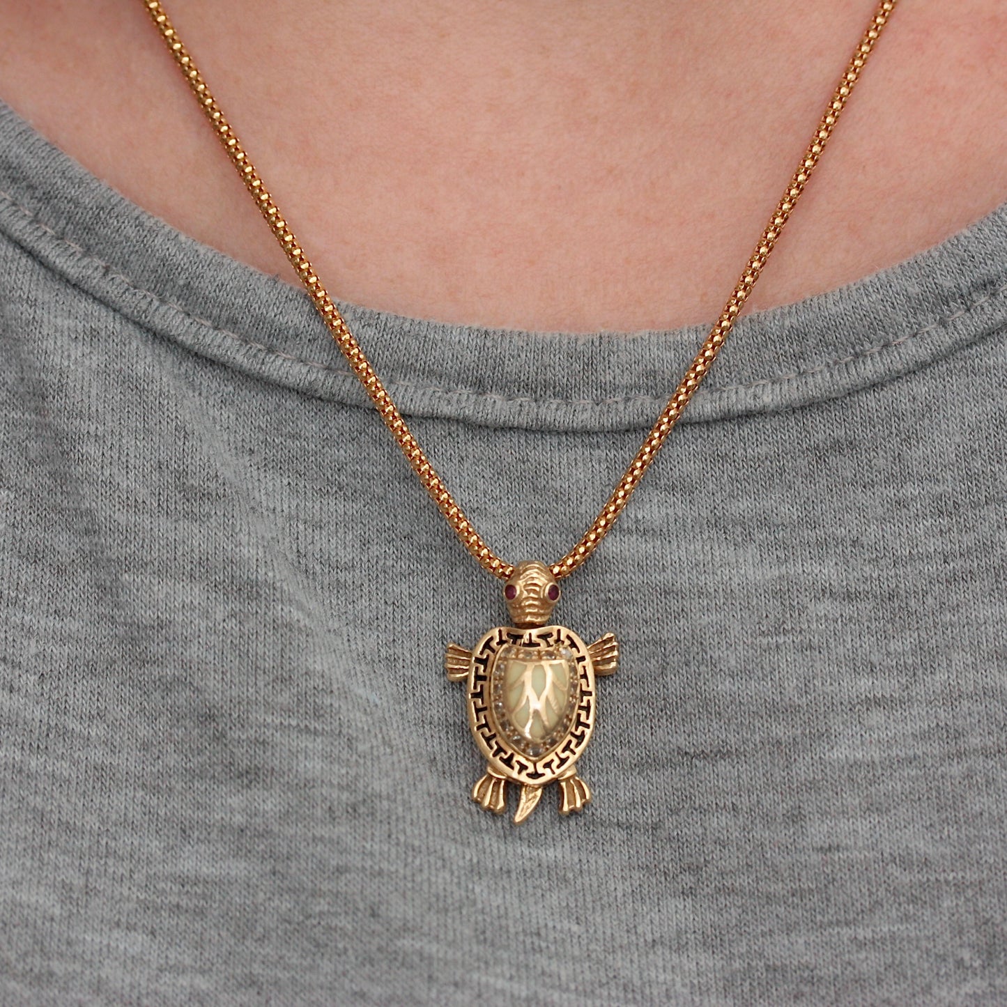 Vintage Articulated Turtle Pendant with Enamel Shell and Ruby Eyes