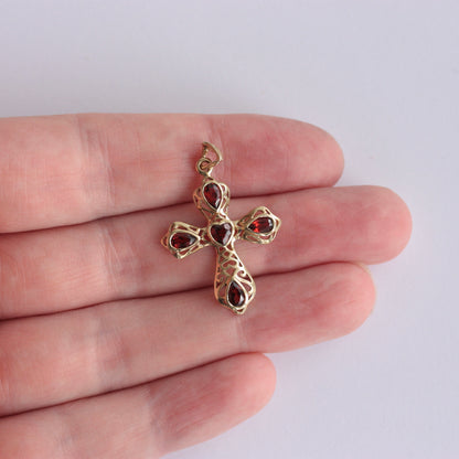 Vintage 9ct Gold and Garnet Openwork Cross Pendant