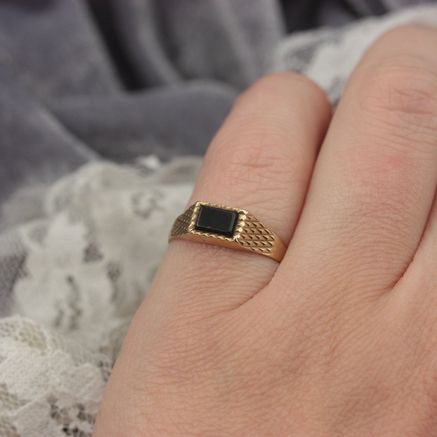 Vintage 9ct Gold Onyx Bar Textured Signet Ring, 1990