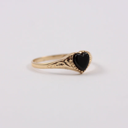 Vintage 9ct Gold Onyx Heart Signet Ring, 1993