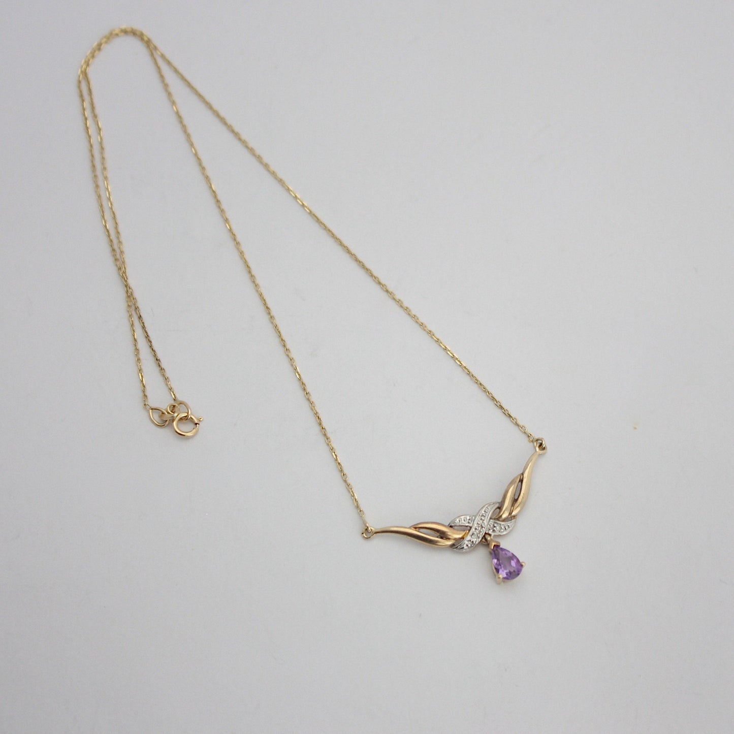 Vintage 9ct Gold Necklace with Pear Amethyst Drop and Diamonds, 80s / 90s