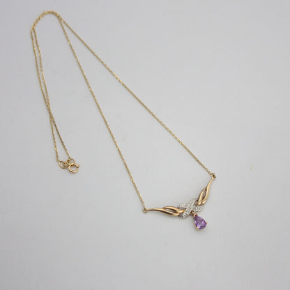 Vintage 9ct Gold Necklace with Pear Amethyst Drop and Diamonds, 80s / 90s