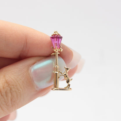 Vintage 9ct Gold Dog Under Pink Crystal Lamp Post Charm, 1972