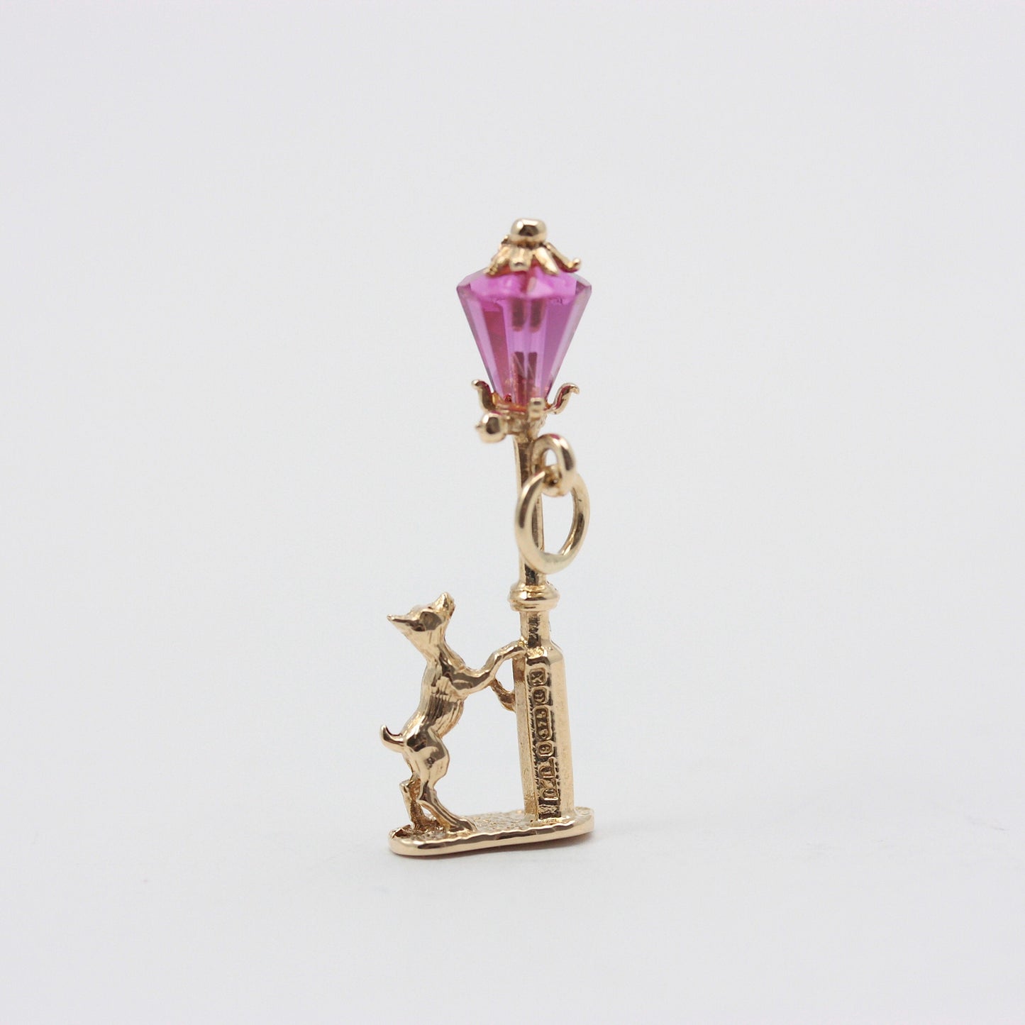 Vintage 9ct Gold Dog Under Pink Crystal Lamp Post Charm, 1972