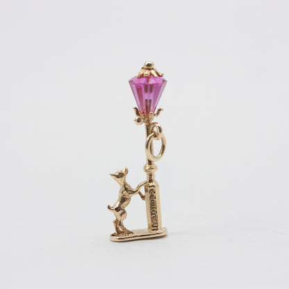 Vintage 9ct Gold Dog Under Pink Crystal Lamp Post Charm, 1972