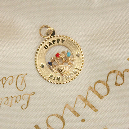 Vintage 9ct Gold 'HAPPY BIRTHDAY' Basket of Flowers Round Pendant Charm, 1970s
