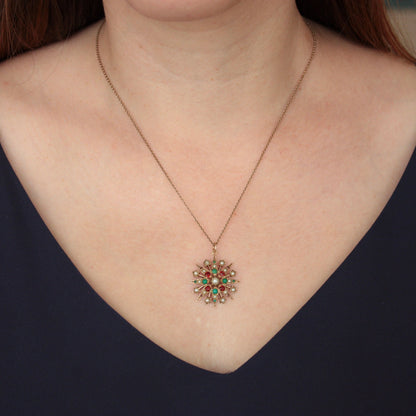 Antique Yellow Gold Turquoise Garnet and Seed Pearl Starburst Pendant