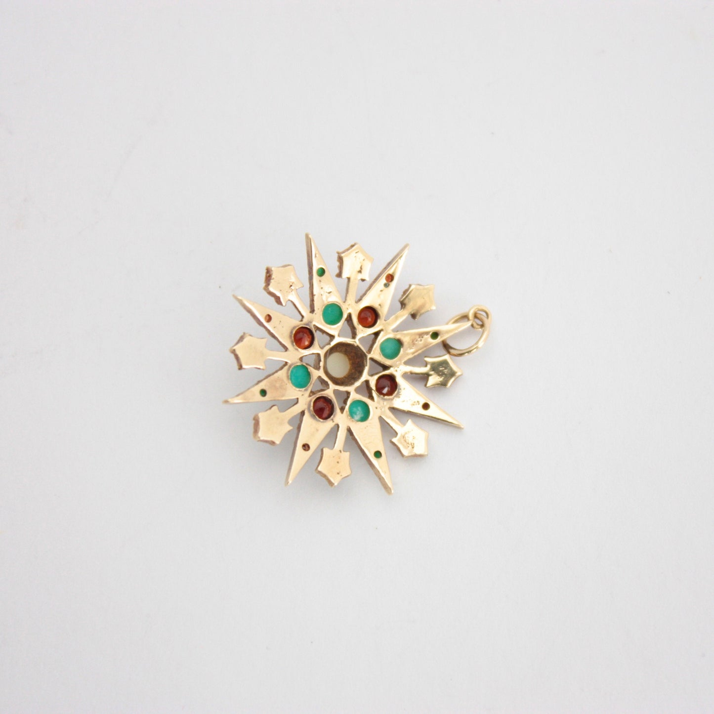 Antique Yellow Gold Turquoise Garnet and Seed Pearl Starburst Pendant