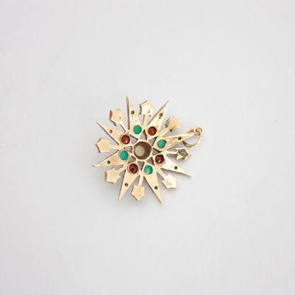 Antique Yellow Gold Turquoise Garnet and Seed Pearl Starburst Pendant