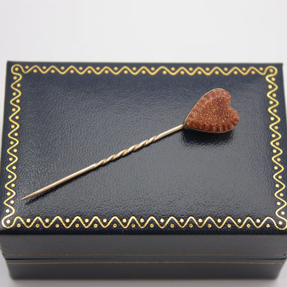 Antique Yellow Gold and Goldstone Heart Stick Pin