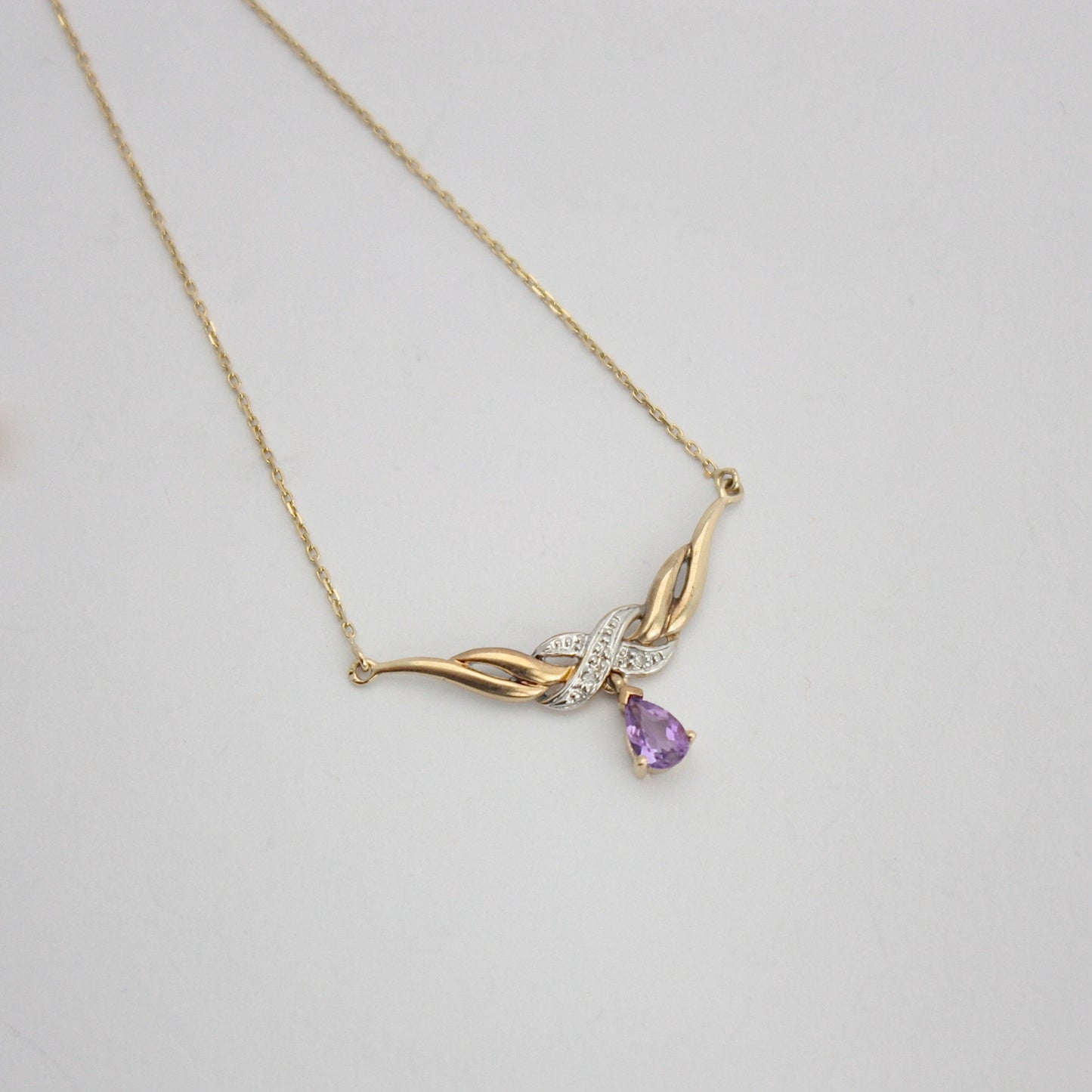 Vintage 9ct Gold Necklace with Pear Amethyst Drop and Diamonds, 80s / 90s
