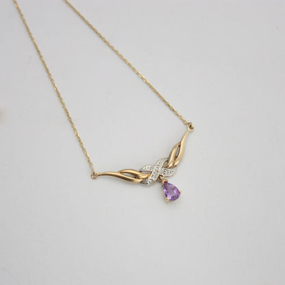 Vintage 9ct Gold Necklace with Pear Amethyst Drop and Diamonds, 80s / 90s