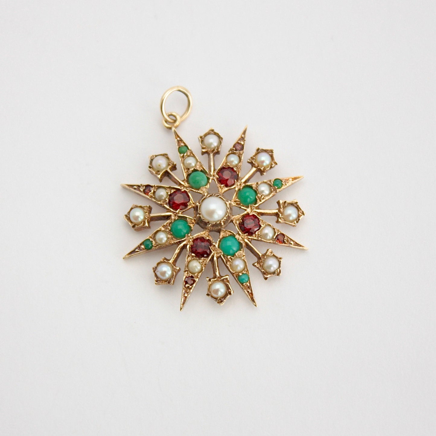 antique 9t gold garnet turquoise seed pear starburst pendant