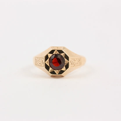 Vintage 9ct Gold Octagonal Signet Ring with Star Set Garnet, 1969