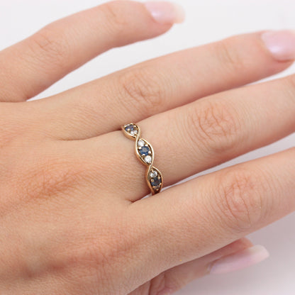 Vintage 9ct Gold Sapphire & CZ Curved Band Ring, 1995