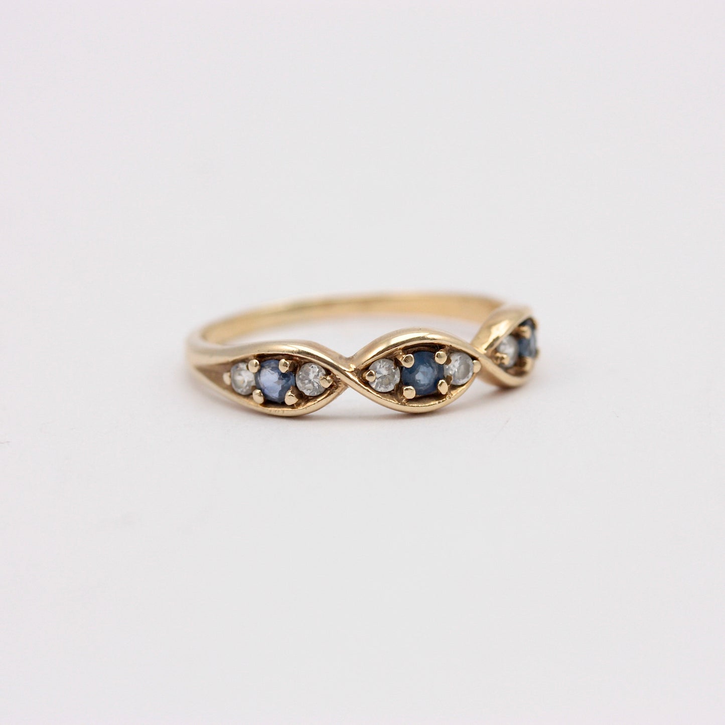 Vintage 9ct Gold Sapphire & CZ Curved Band Ring, 1995
