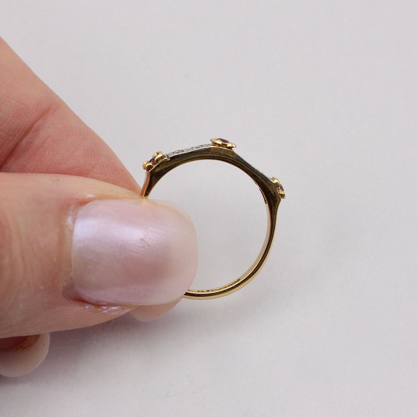 Vintage 18ct Gold Ruby & Diamond Angle Front Ring, 1967