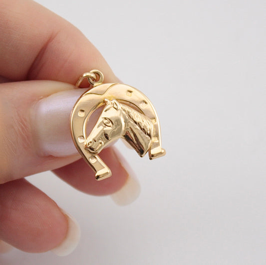 Vintage 9ct Gold Horse and Horseshoe Pendant, 1984
