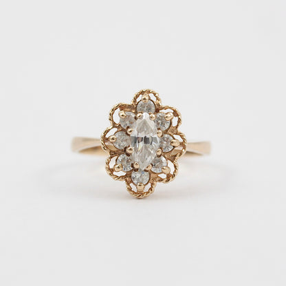 Vintage 9ct Gold Rope Edge Clear Cubic Zirconia Cluster Ring, 1970s