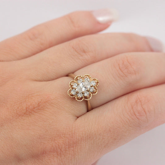 Vintage 9ct Gold Rope Edge Clear Cubic Zirconia Cluster Ring, 1970s