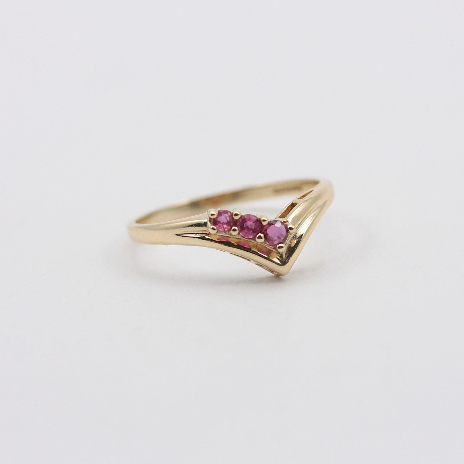 Vintage 9ct Gold Ruby Wishbone 3 Stone Ring, 1990s