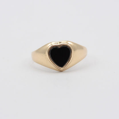 Vintage 9ct Gold + Black Onyx Heart Signet Ring, 1983