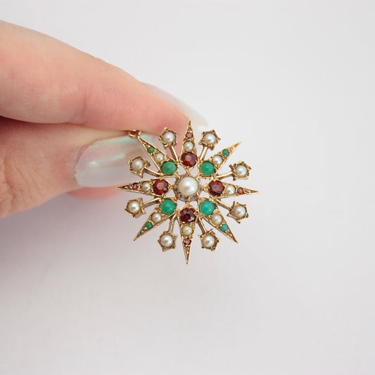 Antique Yellow Gold Turquoise Garnet and Seed Pearl Starburst Pendant